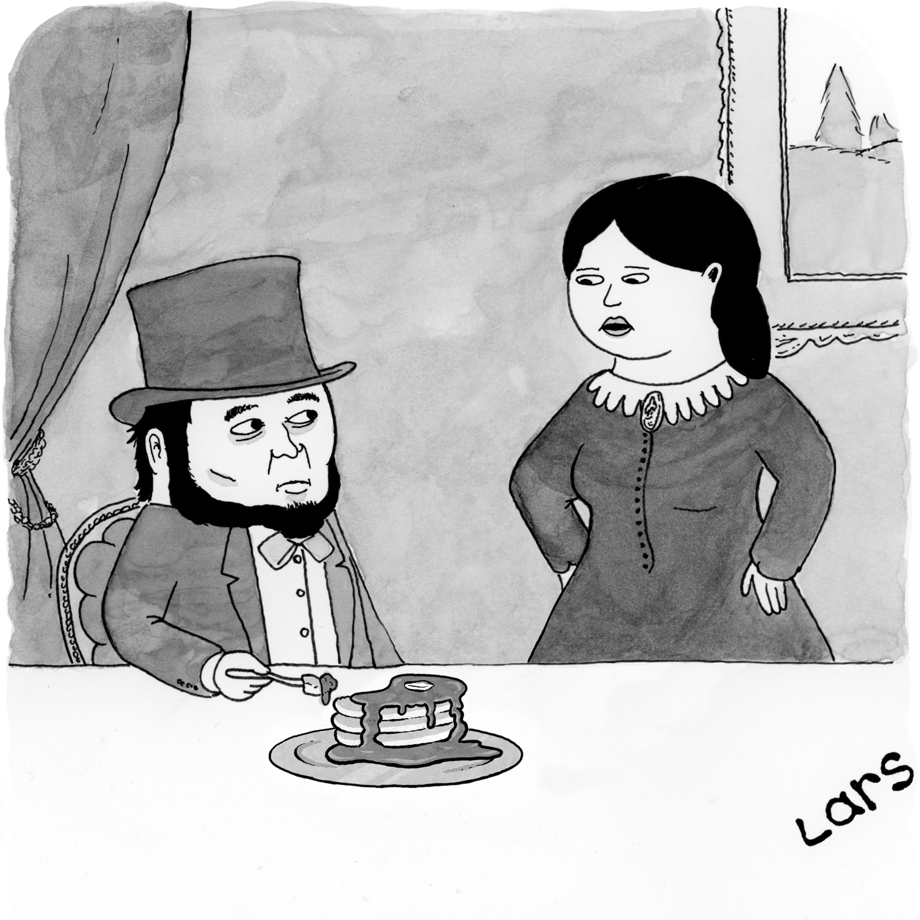 Cartoon by Lars Kenseth: Just say they're the greatest pancakes. You don't need to add 'of these United States.' 