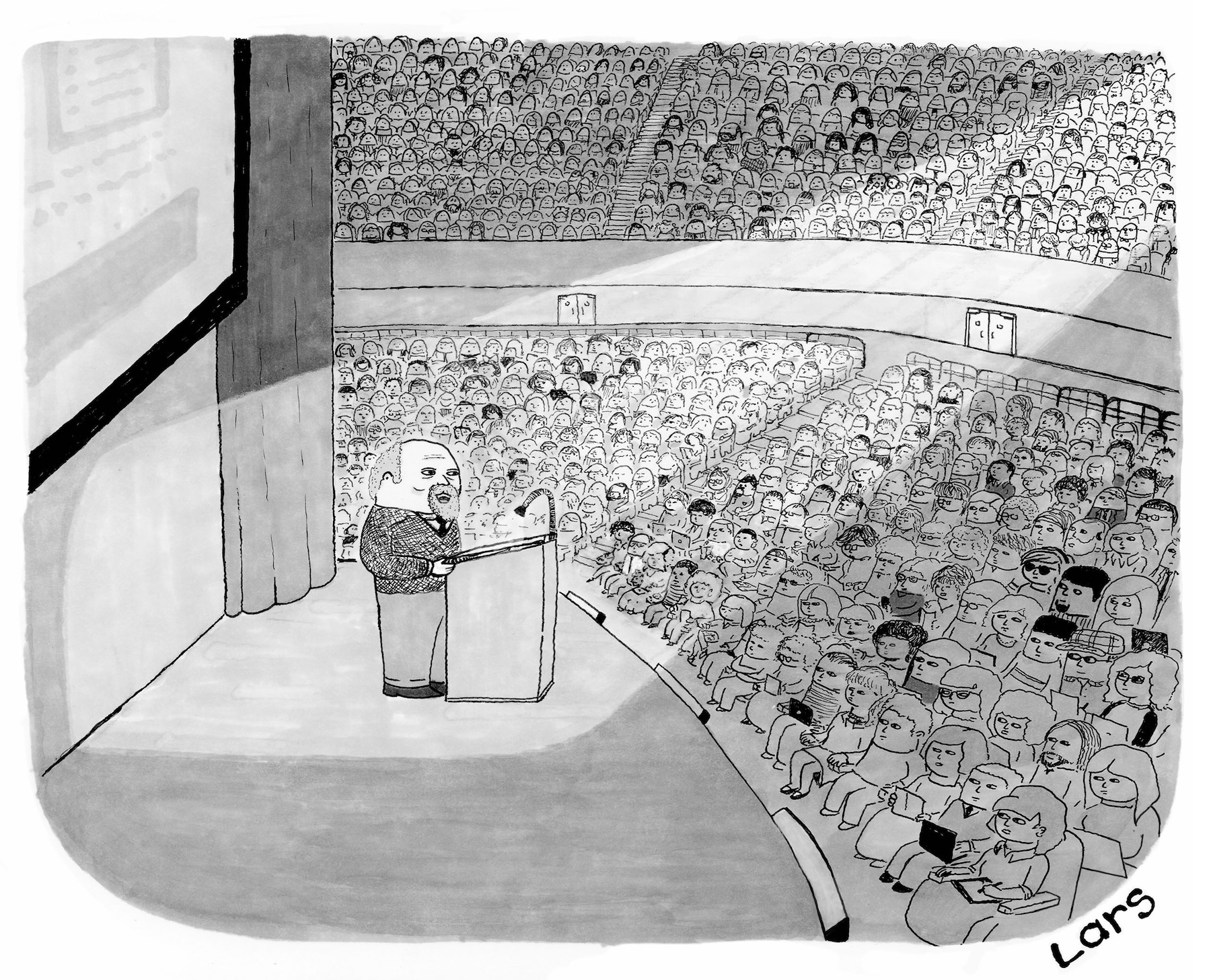 Cartoon by Lars Kenseth: None of this research would have been possible without all the bitter professional vendettas that kept me going . . . 